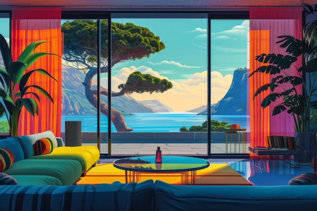 Ilustración moderna del interior del apartamento con hermosas vistas