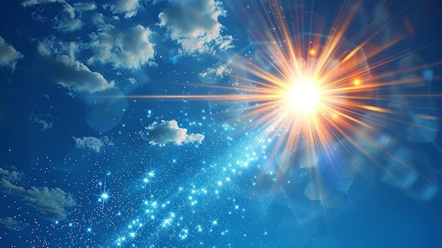 Foto ilustración moderna con lente de luz solar transparente efecto de luz de llamarada estelar con chispas
