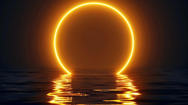 Ilustración moderna de una línea eléctrica de forma redonda con un borde dorado en un fondo oscuro Marco circular con brillo de luz de neón amarillo bajo agua tranquila con ondas