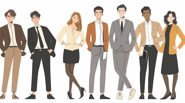 Ilustración moderna con miembros del equipo de negocios de estilo dibujado a mano posando con confianza