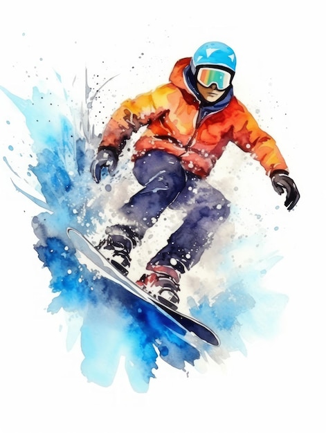 Ilustración moderna minimalista y magnífica de acuarela del deporte de snowboard generada por la IA