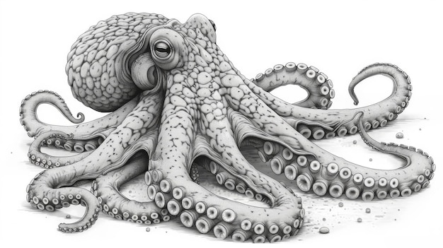 Foto una ilustración moderna monocromática de un pulpo o kraken dibujado con líneas de contorno en un fondo blanco este es un animal o molusco con tentáculos que vive en las profundidades del mar un habitante del