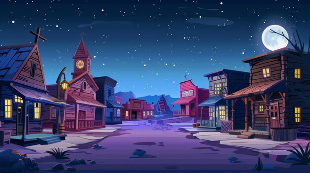Foto esta ilustración moderna muestra una calle de la ciudad con una iglesia saloon cárcel banco tienda de hotel y la oficina del sheriff39s por la noche en un paisaje del oeste salvaje para un juego gui