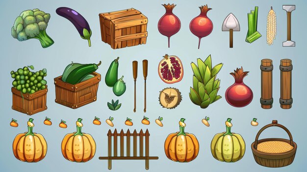 Foto la ilustración moderna muestra granos frijoles granada berenjena saco de jardín rastrillo caja de madera granada y berenjena todos están relacionados con herramientas de jardinería frutas y verduras