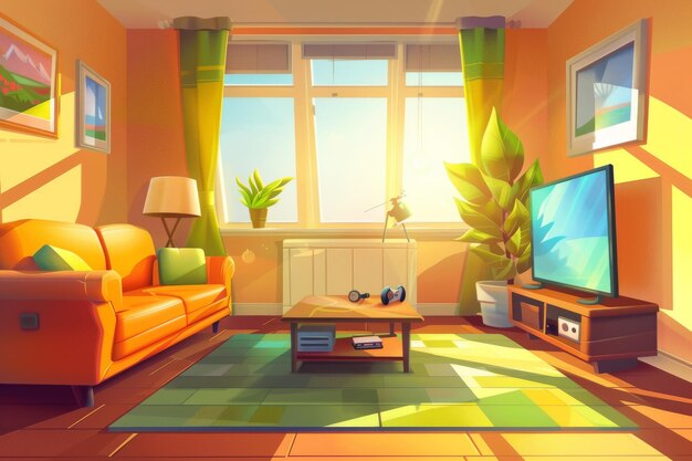 Esta ilustración moderna muestra un interior de sala de estar con sofás un televisor una consola de juego y plantas en macetas grandes ventanas con rayos de luz solar