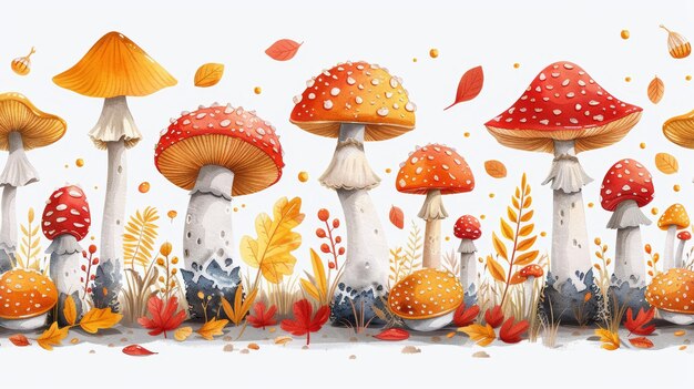 Foto ilustración moderna plana aislada de setas de otoño en estilo doodle hongos forestales comestibles grandes y pequeños con tallos y tapas alimentos del bosque ilustración moderno con un esquema de colores plano