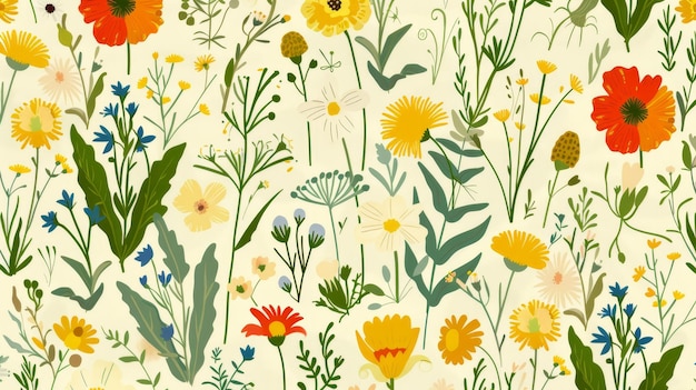 Ilustración moderna plana de colores de flores de primavera hierbas plantas ramas frágiles patrón botánico repetitivo adecuado para aplicaciones de papel tapiz de tela textil