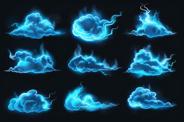 Ilustración moderna de polvo cómico sopla vapor sucio después de la huelga de energía mágica velocidad de luz explosión humos Ilustración de dibujos animados de nubes de humo con efecto de relámpago azul neón