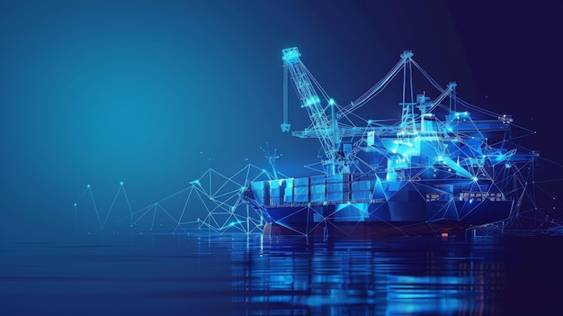 Ilustración moderna del puerto marítimo de carga con buques 3D, grúas portuarias y contenedores en azul oscuro Concepto de logística y negocios de transporte marítimo en todo el mundo Ilustración abstracta de malla moderna
