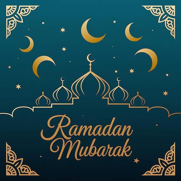 Ilustración moderna del Ramadán Mubarak Luna de la Media Luna de Oro Mezquita Patrones intrincados Teal BG