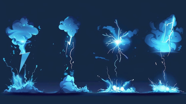 Ilustración moderna de un rayo azul con flash y salpicaduras de energía Ilustración de dibujos animados para el diseño de la interfaz de usuario del juego