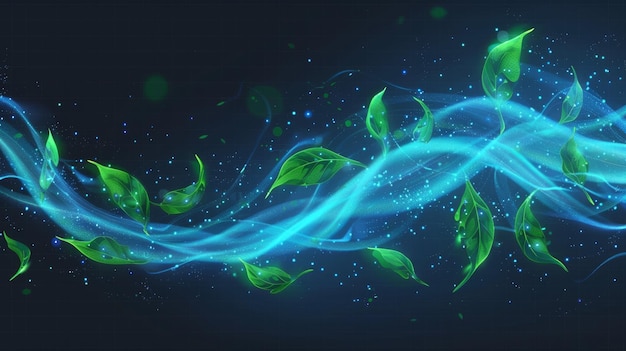 Foto una ilustración moderna realista en 3d de aliento fresco de mentol o detergente aislado en un fondo transparente aire azul o viento con hojas verdes olas brillantes y remolinos
