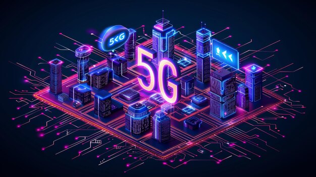 Foto ilustración moderna de la tecnología de red 5g en esta imagen se ve el símbolo 5g en un fondo de luz ultravioleta esta es una ilustración isométrica que muestra una ciudad inteligente con edificios que soportan