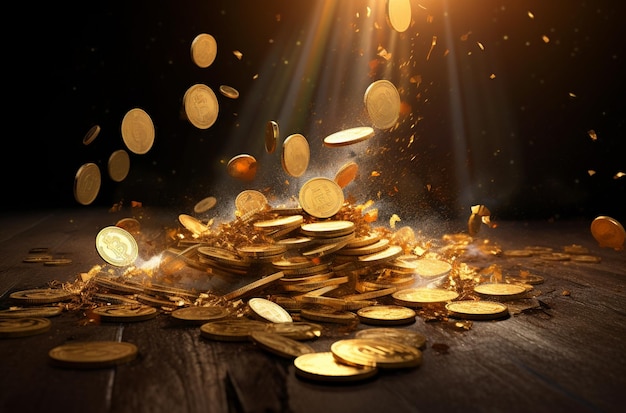 ilustración de monedas de oro cayendo al suelo sobre fondo negro