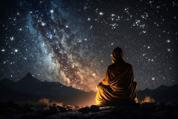 Ilustración monje budista meditando bajo el cielo estrellado ai generativo