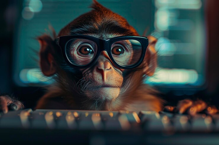Foto ilustración de un mono de dibujos animados con gafas sentado frente al teclado de la computadora