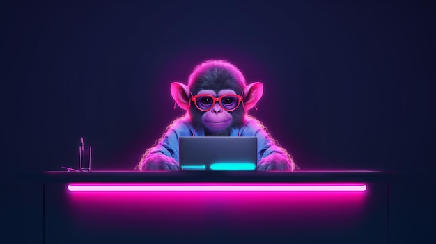 Ilustración de un mono con gafas trabajando en una computadora portátil