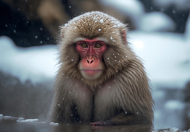 Foto una ilustración de un mono macaco bañándose en una fuente termal japonesa imagen generada por ia