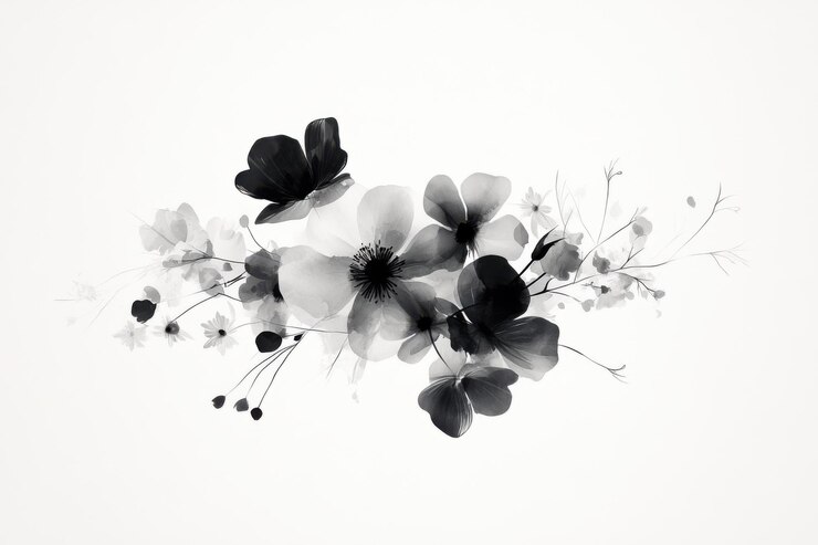 Ilustración monocromática de las flores con tinta negra