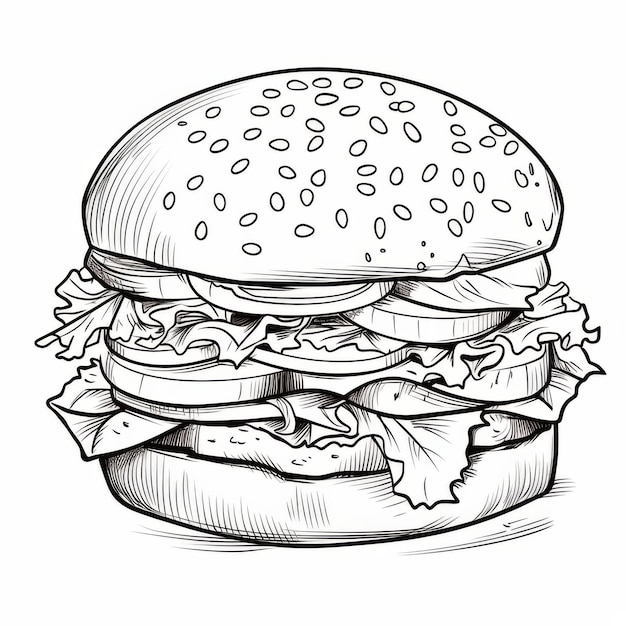 Foto ilustración monocromática de una hamburguesa clásica con queso de tomate de lechuga y una carne de res. página de colorear para niños