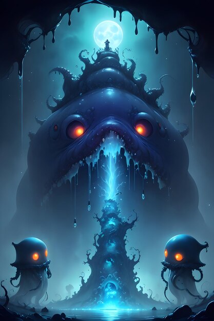 Ilustración de un monstruo de limo alienígena en un fondo de ilustración de papel tapiz de cueva oscura