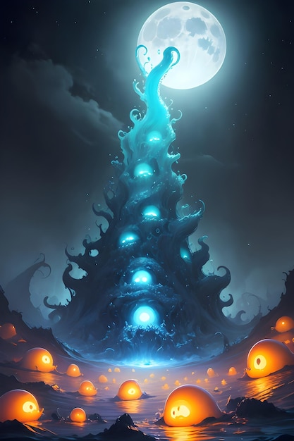 Ilustración de un monstruo de limo alienígena en un fondo de ilustración de papel tapiz de cueva oscura