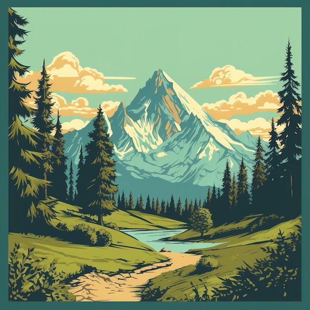 Ilustración de montaña y bosque de estilo plano