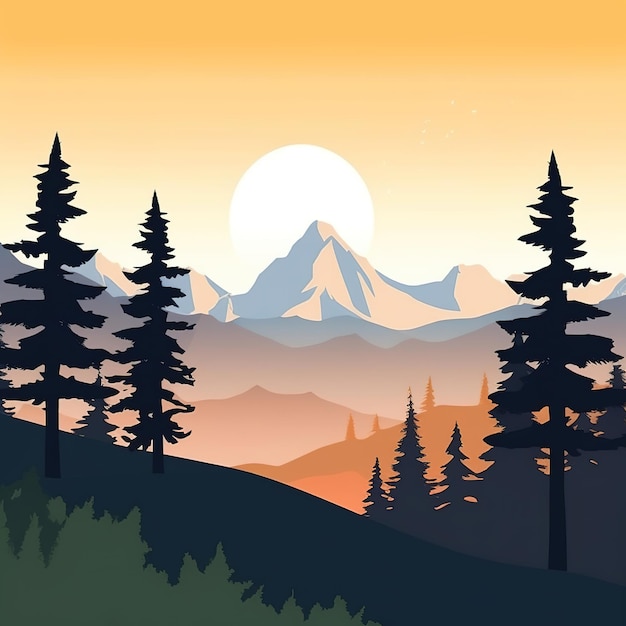 Ilustración de montaña y bosque de estilo plano