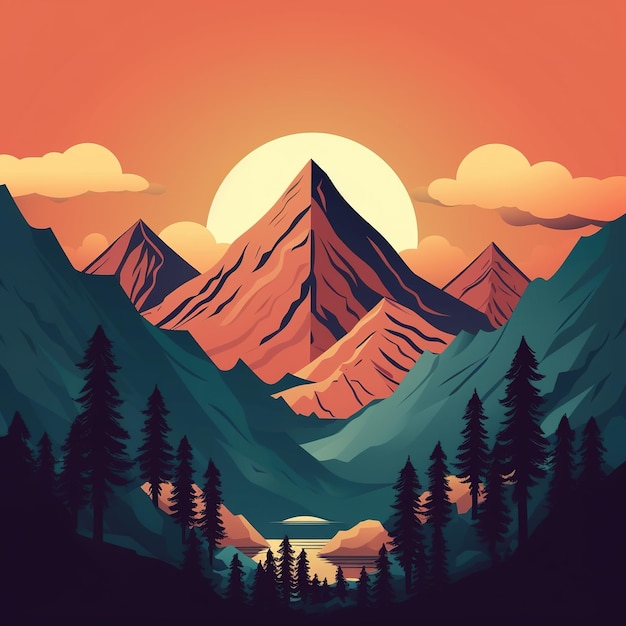 Foto ilustración de montaña y bosque de estilo plano