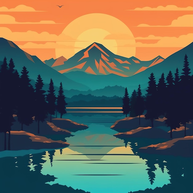 Ilustración de montaña y bosque de estilo plano