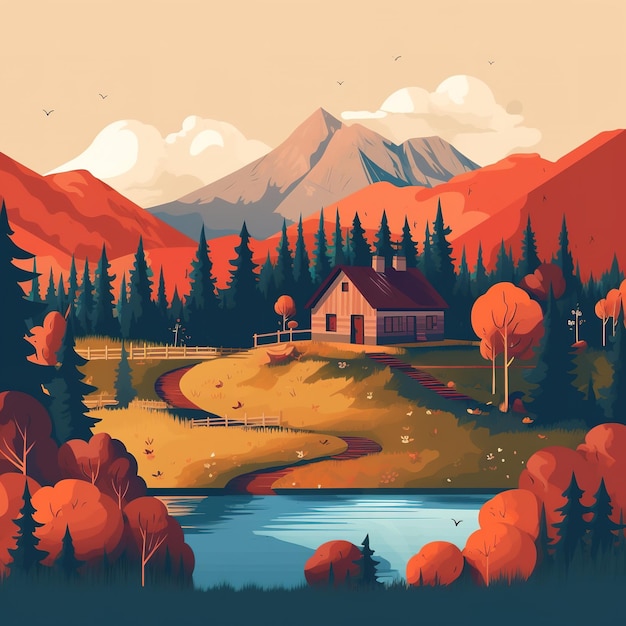 Ilustración de montaña y bosque de estilo plano