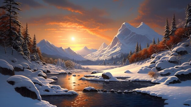 una ilustración de montañas cubiertas de nieve y un río