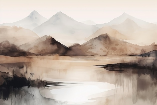 Ilustración de montañas minimalistas neutrales y paisajes acuáticos en acuarela