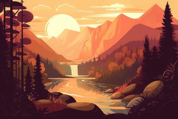 Una ilustración de las montañas y el río en el estilo de la paleta de colores cálidos AI generativa