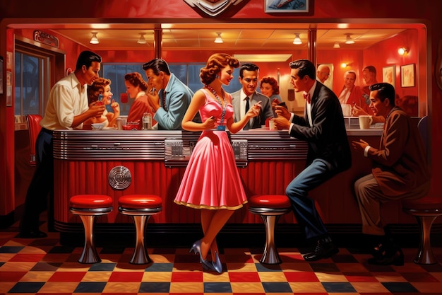 Ilustración de un mostrador de bar en un club nocturno con una escena de cena de una pareja de los años 50 con jukebox y parejas bailando AI Generado