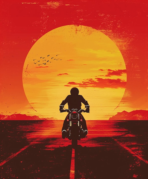 Ilustración de una motocicleta antigua con un fondo de puesta de sol