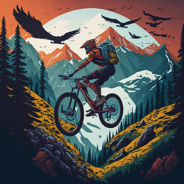 Ilustración de un motociclista de montaña volando