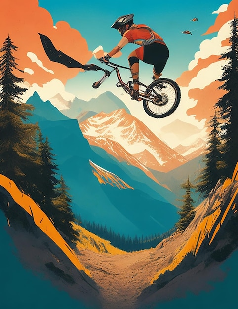 Ilustración de un motociclista de montaña volando