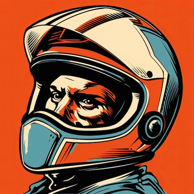 Ilustración de motociclista retrofuturista cabeza de vendedor en casco de motocross