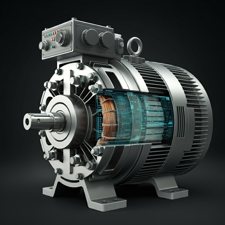 Ilustración de un motor eléctrico con un interior expuesto y una superposición de esquemas digitales