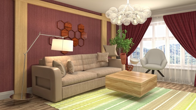 Ilustración de muebles flotando en la sala de estar