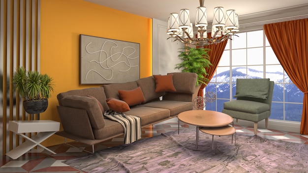 Ilustración de muebles flotando en la sala de estar
