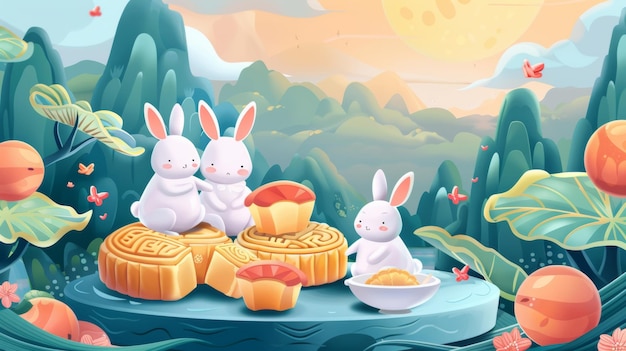 Esta ilustración muestra conejos de jade celebrando el Festival de Medio Otoño afuera con pasteles de luna gigantes y pomelo El texto dice Feliz Festival de Medio otoño 15 de agosto