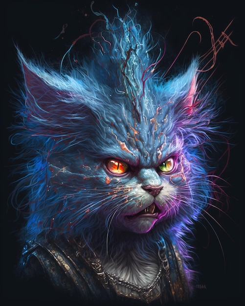 En esta ilustración se muestra un gato con la cara azul y los ojos rojos.