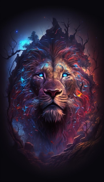 En esta ilustración se muestra un león con ojos azules.