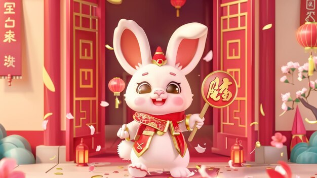 Esta ilustración muestra a un lindo conejo llevando un cubo de palos de la fortuna frente a una puerta tradicional china El texto dice Feliz año nuevo Tire palos de fortuna