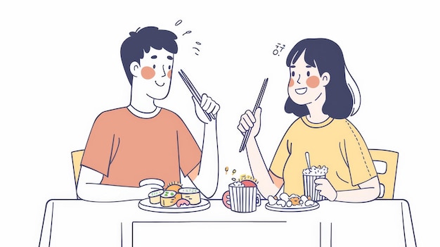 La ilustración muestra a una pareja comiendo comida coreana con palillos en una mesa. El diseño está dibujado a mano en un estilo que se considera moderno.