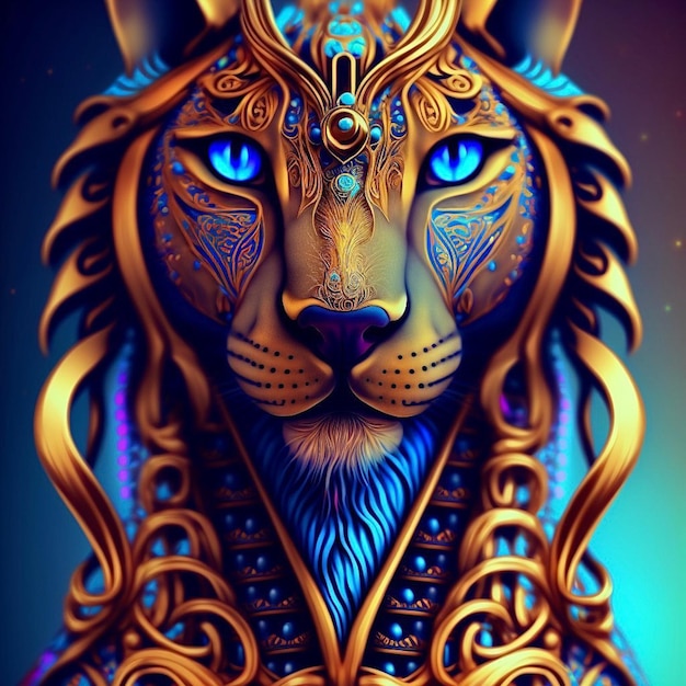 En esta ilustración se muestra un tigre dorado con ojos azules.