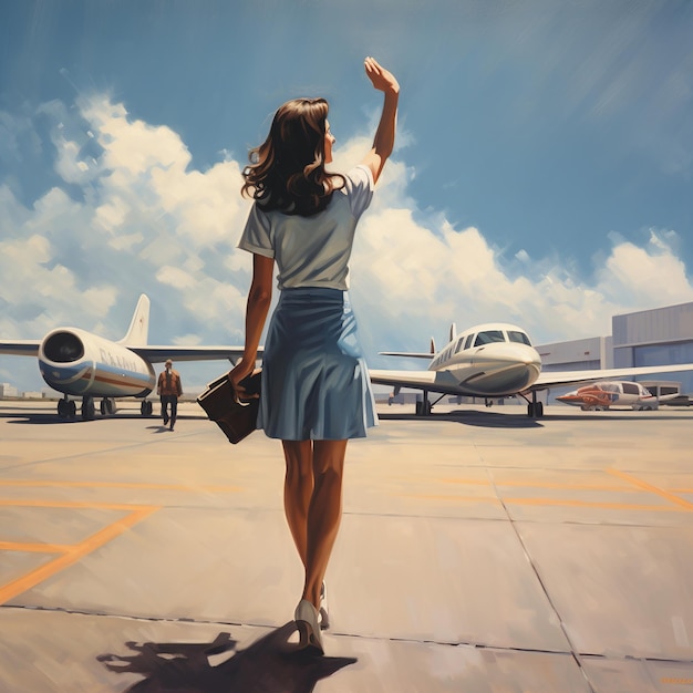 Ilustración de una mujer en el aeropuerto caminando hacia el avión, Generative ai