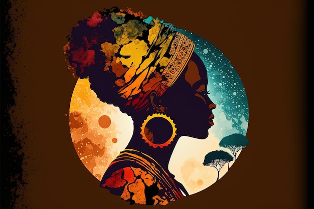 Ilustración de mujer africana en perfil, colores africanos, Mes de la Historia Negra. IA generativa